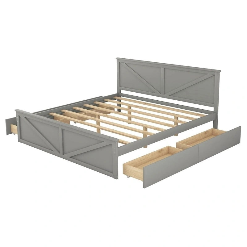 Lit plateforme en bois King Size avec quatre tiroirs de rangement et pieds de support