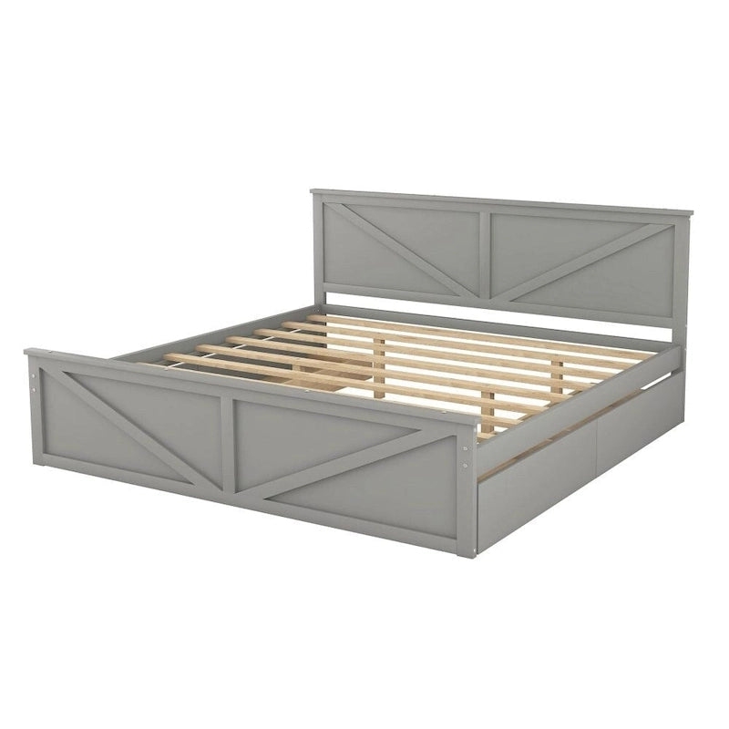 Lit plateforme en bois King Size avec quatre tiroirs de rangement et pieds de support