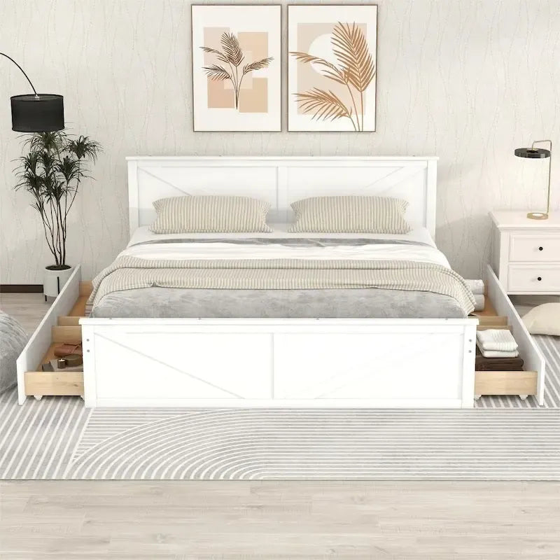 Lit plateforme en bois King Size avec quatre tiroirs de rangement et pieds de support