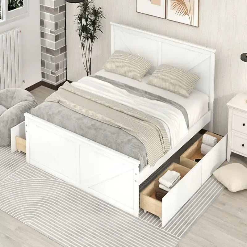 Lit plateforme en bois King Size avec quatre tiroirs de rangement et pieds de support
