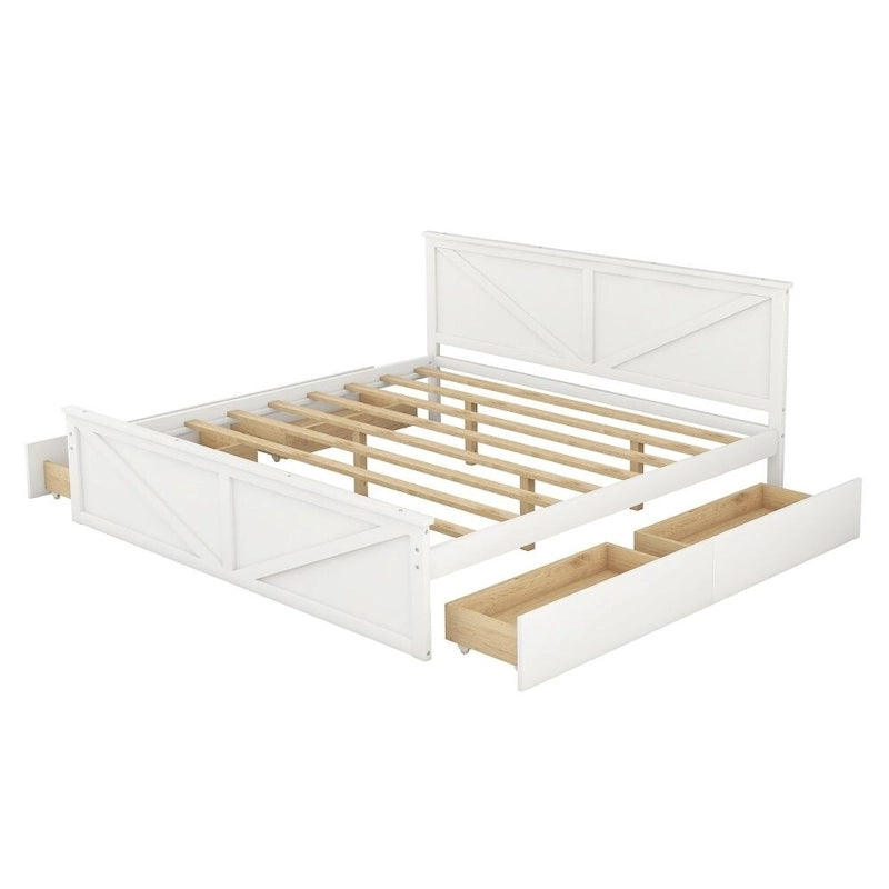 Lit plateforme en bois King Size avec quatre tiroirs de rangement et pieds de support