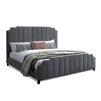 Lit plateforme King Size, capitonné en chenille grise, structure en bois massif, capacité de 272 kg