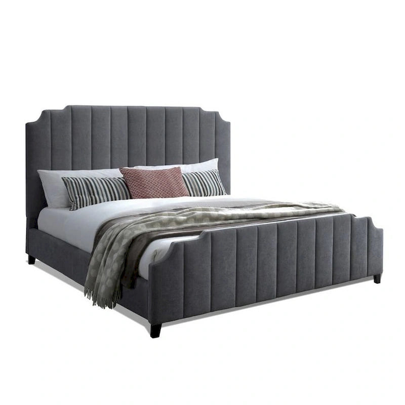 Lit plateforme King Size, capitonné en chenille grise, structure en bois massif, capacité de 272 kg