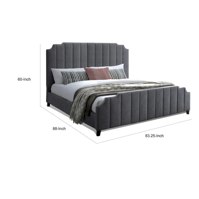 Lit plateforme King Size, capitonné en chenille grise, structure en bois massif, capacité de 272 kg