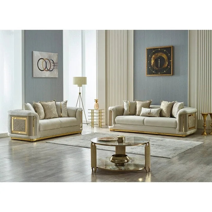 Ensemble canapé 2 pièces pour salon, accent doré, revêtement capitonné, style de luxe moderne, 5 options de couleur