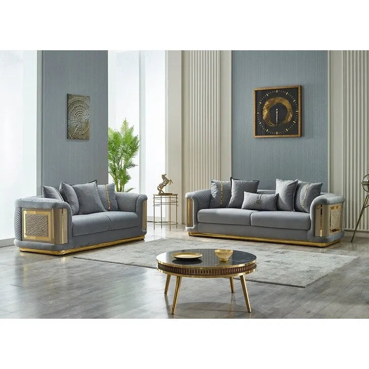 Ensemble canapé 2 pièces pour salon, accent doré, revêtement capitonné, style de luxe moderne, 5 options de couleur