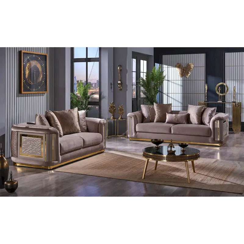 Ensemble canapé 2 pièces pour salon, accent doré, revêtement capitonné, style de luxe moderne, 5 options de couleur
