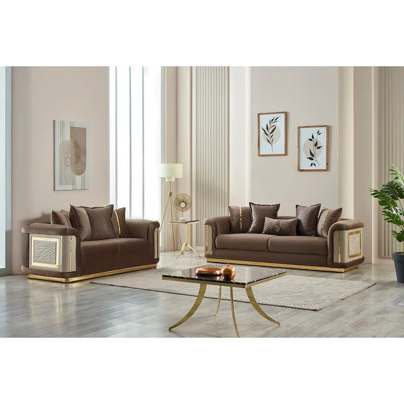 Ensemble canapé 2 pièces pour salon, accent doré, revêtement capitonné, style de luxe moderne, 5 options de couleur