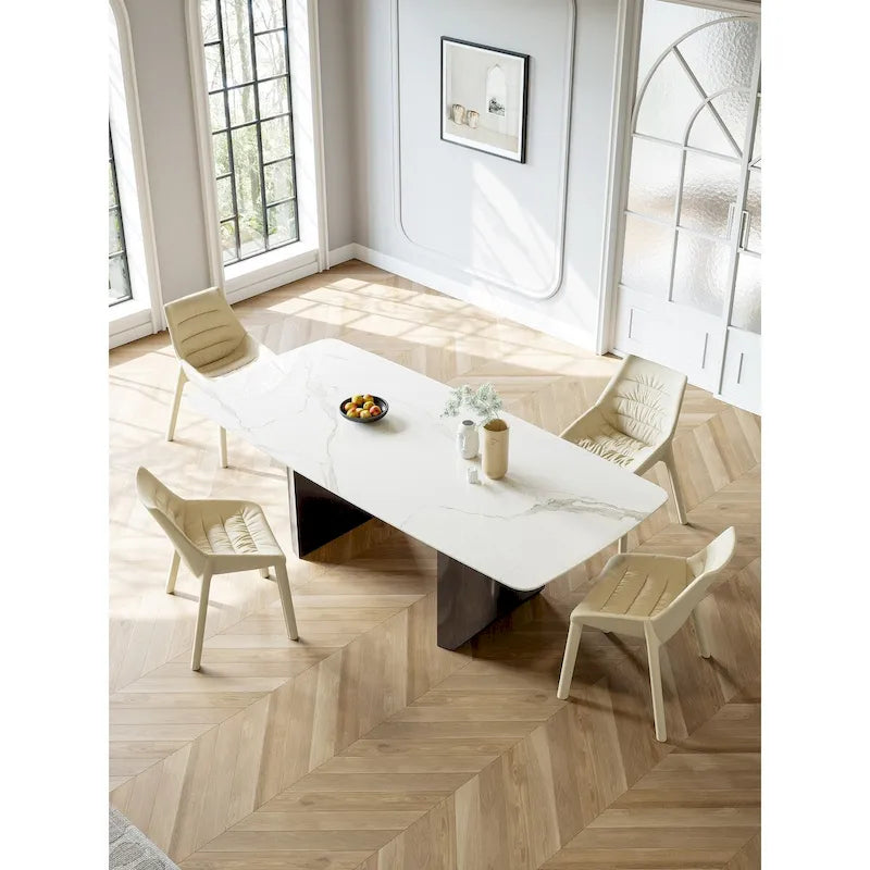 Table de salle à manger blanche sur pied de 160 cm rectangulaire 6 places avec piètement noir, mobilier de cuisine
