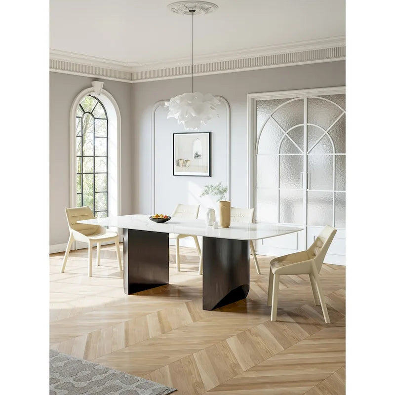 Table de salle à manger blanche sur pied de 160 cm rectangulaire 6 places avec piètement noir, mobilier de cuisine
