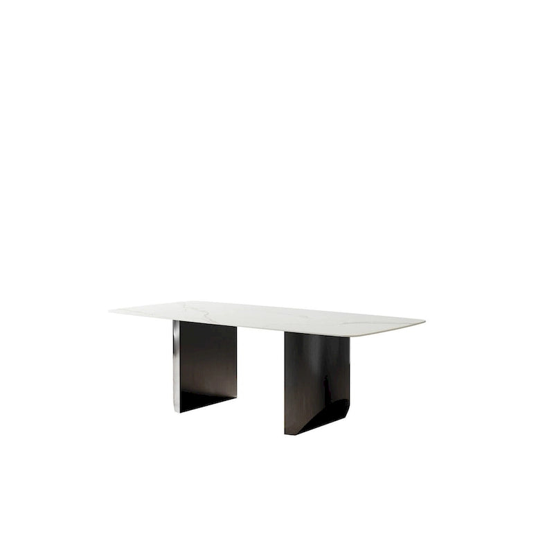 Table de salle à manger blanche sur pied de 160 cm rectangulaire 6 places avec piètement noir, mobilier de cuisine