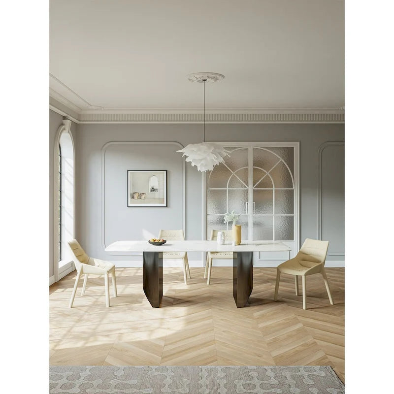Table de salle à manger blanche sur pied de 160 cm rectangulaire 6 places avec piètement noir, mobilier de cuisine