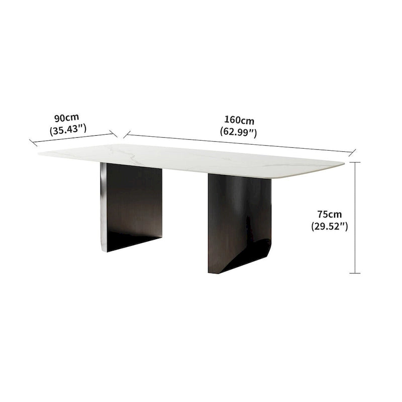 Table de salle à manger blanche sur pied de 160 cm rectangulaire 6 places avec piètement noir, mobilier de cuisine