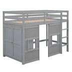 Lit mezzanine jumeau avec armoire Lit mezzanine pour enfants avec 2 fenêtres Cadre de lit mezzanine en bois de taille double en forme de maisonnette