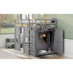 Lit mezzanine jumeau avec armoire Lit mezzanine pour enfants avec 2 fenêtres Cadre de lit mezzanine en bois de taille double en forme de maisonnette