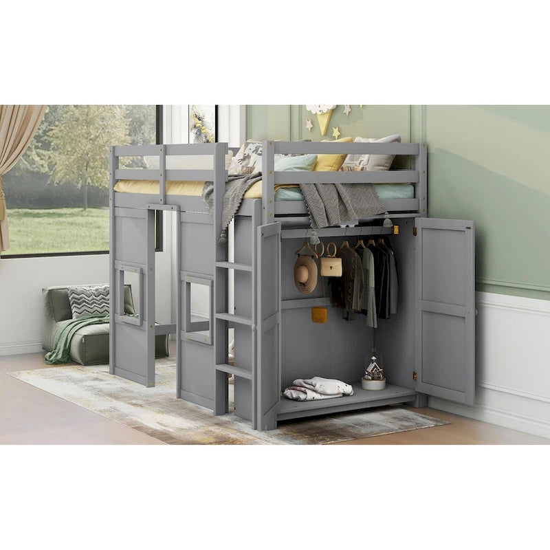 Lit mezzanine jumeau avec armoire Lit mezzanine pour enfants avec 2 fenêtres Cadre de lit mezzanine en bois de taille double en forme de maisonnette
