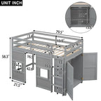 Lit mezzanine jumeau avec armoire Lit mezzanine pour enfants avec 2 fenêtres Cadre de lit mezzanine en bois de taille double en forme de maisonnette