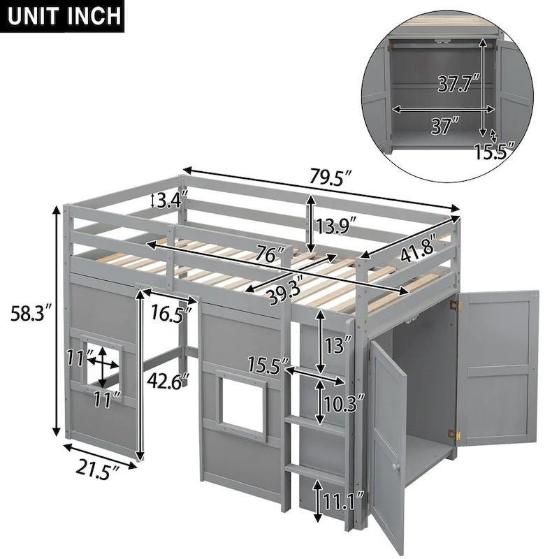 Lit mezzanine jumeau avec armoire Lit mezzanine pour enfants avec 2 fenêtres Cadre de lit mezzanine en bois de taille double en forme de maisonnette