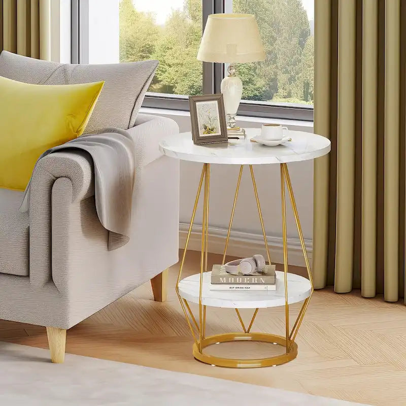 Moasis 2-Tier Round End Side Table Faux Marble Top for Living Room