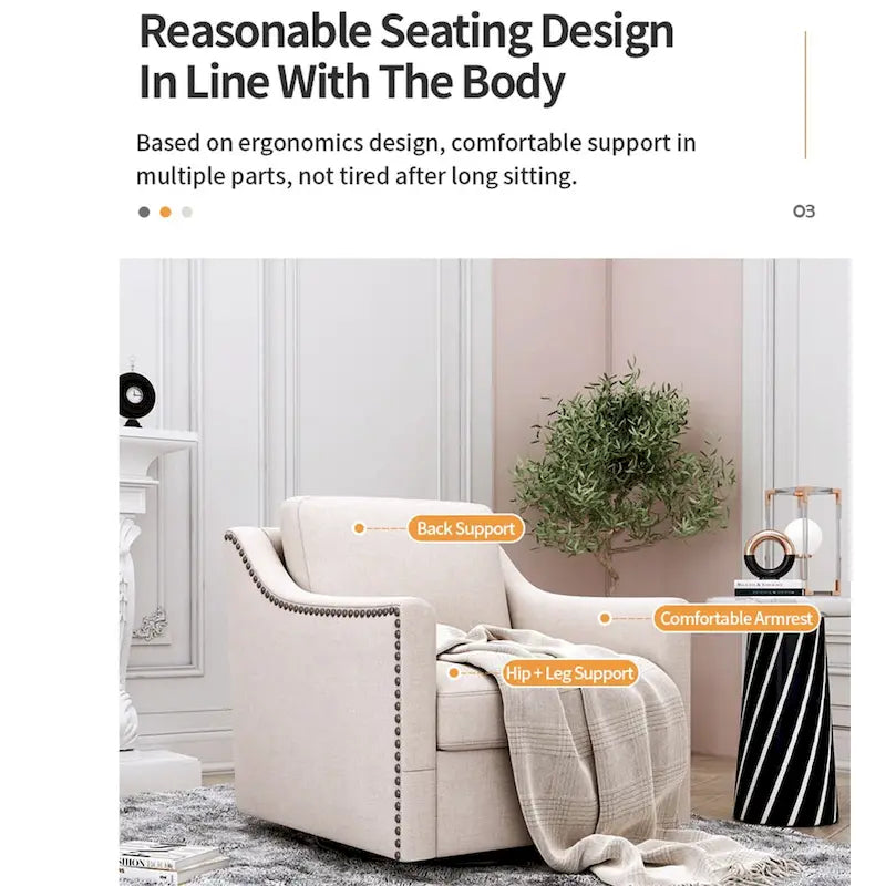 Fauteuil pivotant à 360 degrés Ergonomique Tissu coton-lin Soutien dorsal supérieur