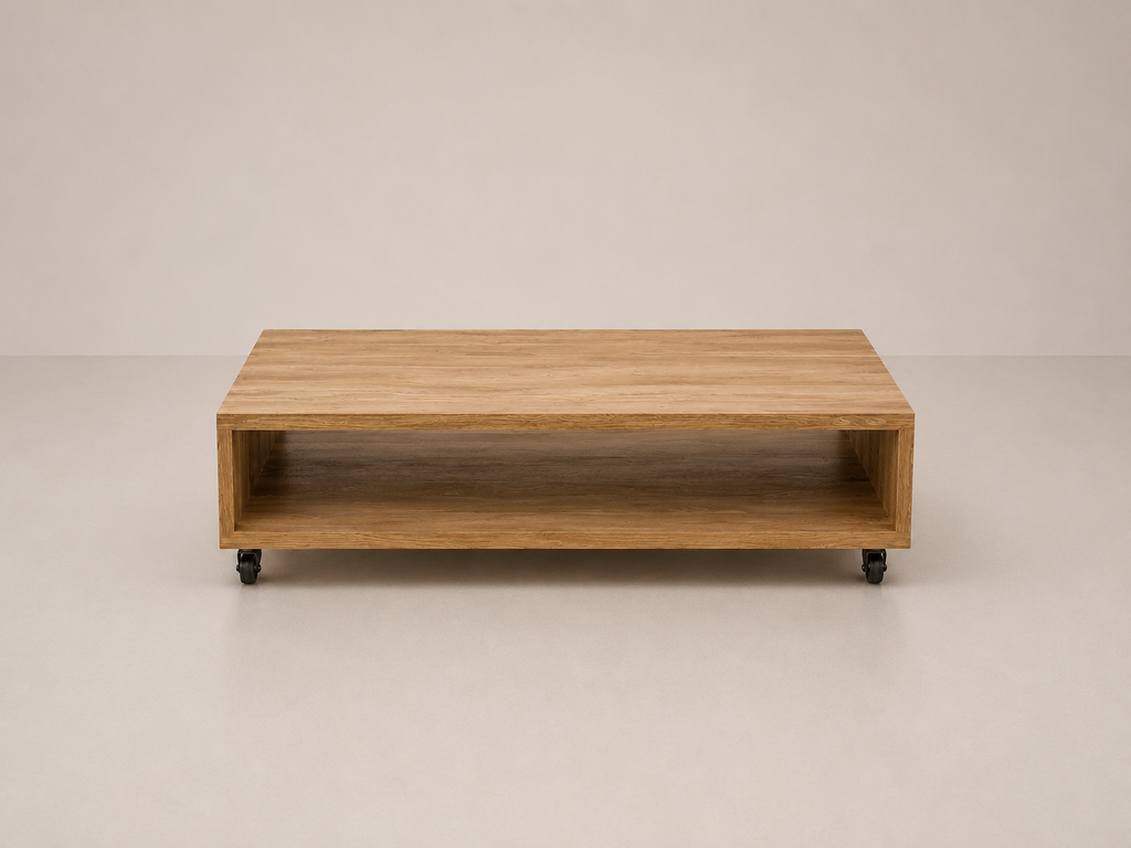 Table basse en chêne rustique sur roulettes