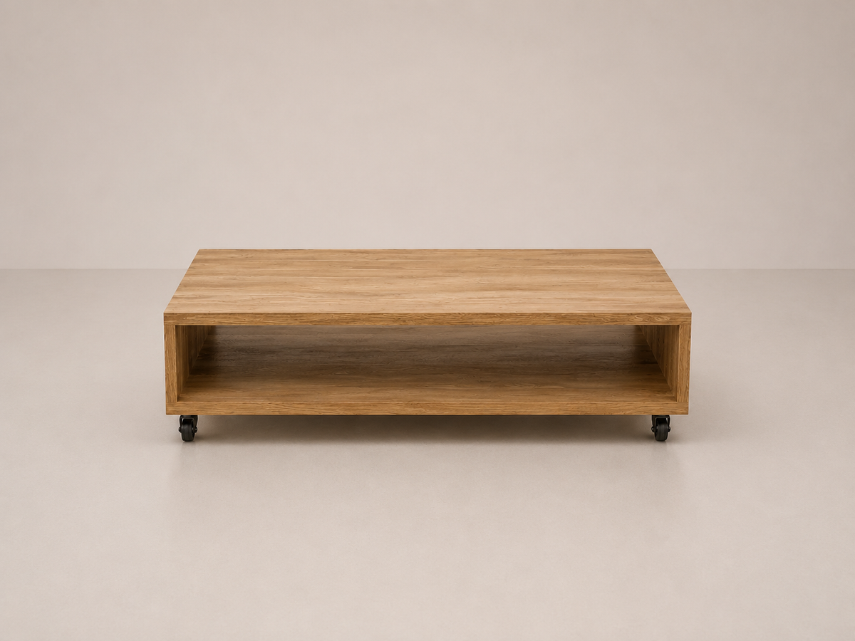 Table basse en chêne rustique sur roulettes