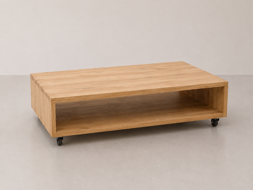 Table basse en chêne rustique sur roulettes