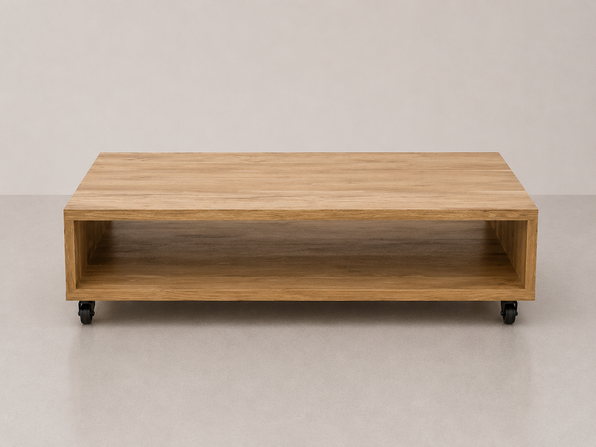 Table basse en chêne rustique sur roulettes