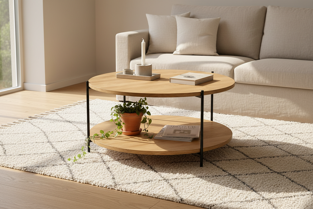 Steel Oak Round Coffee Table Lifestyle Scene